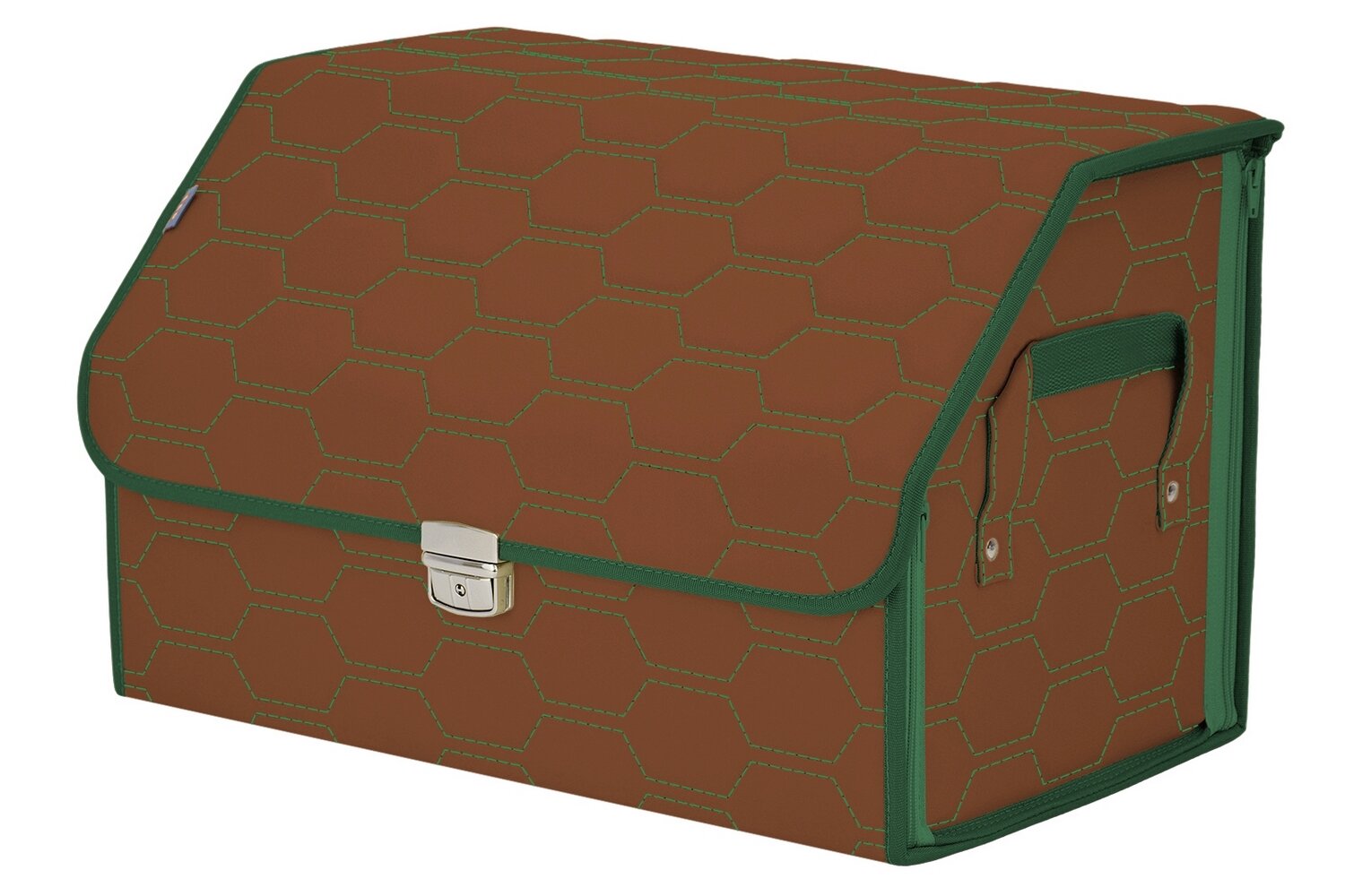 Органайзер-саквояж в багажник "Союз Премиум" (размер L). Цвет: светло-коричневый с зеленой прострочкой Соты.