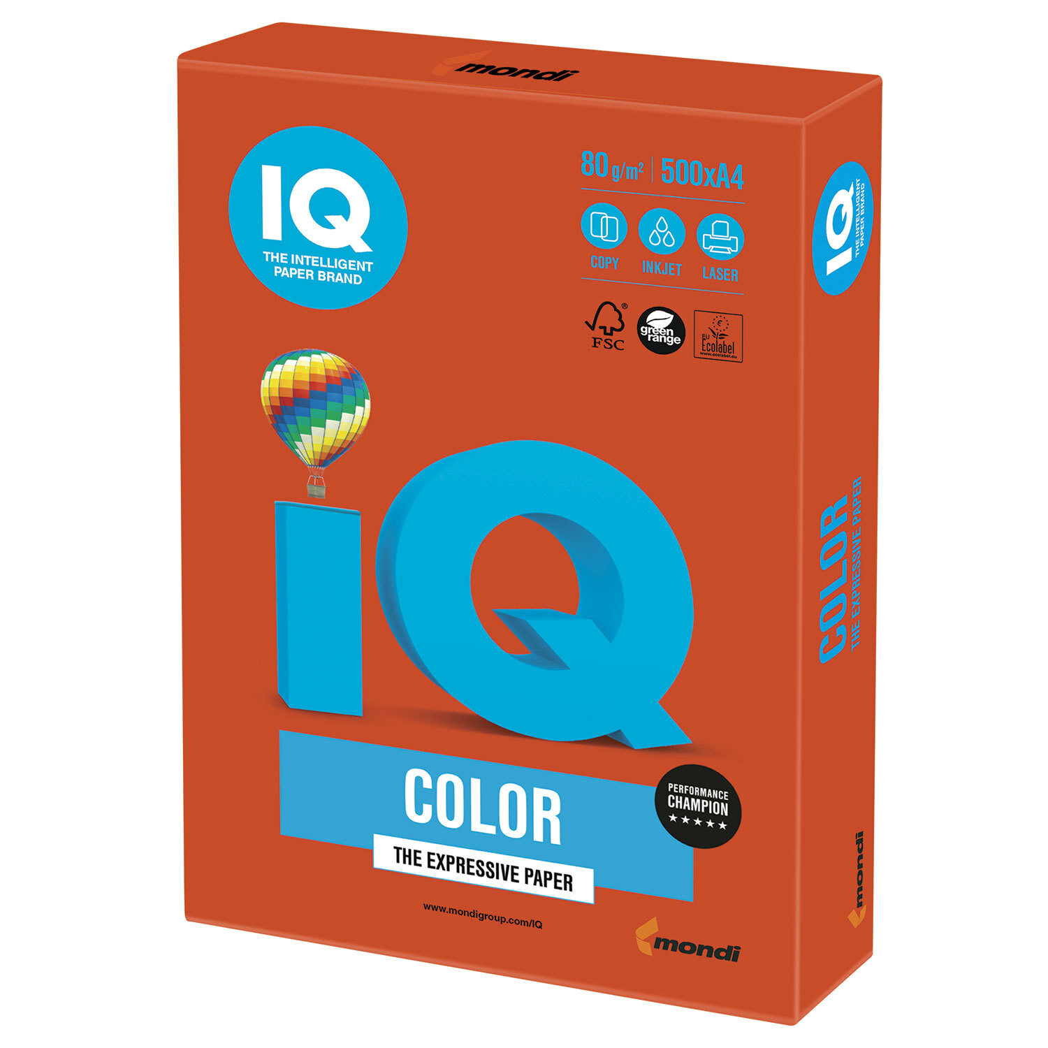 Бумага цветная IQ color, А4, 80 г/м2, 500 л., интенсив, красный кирпич, ZR09