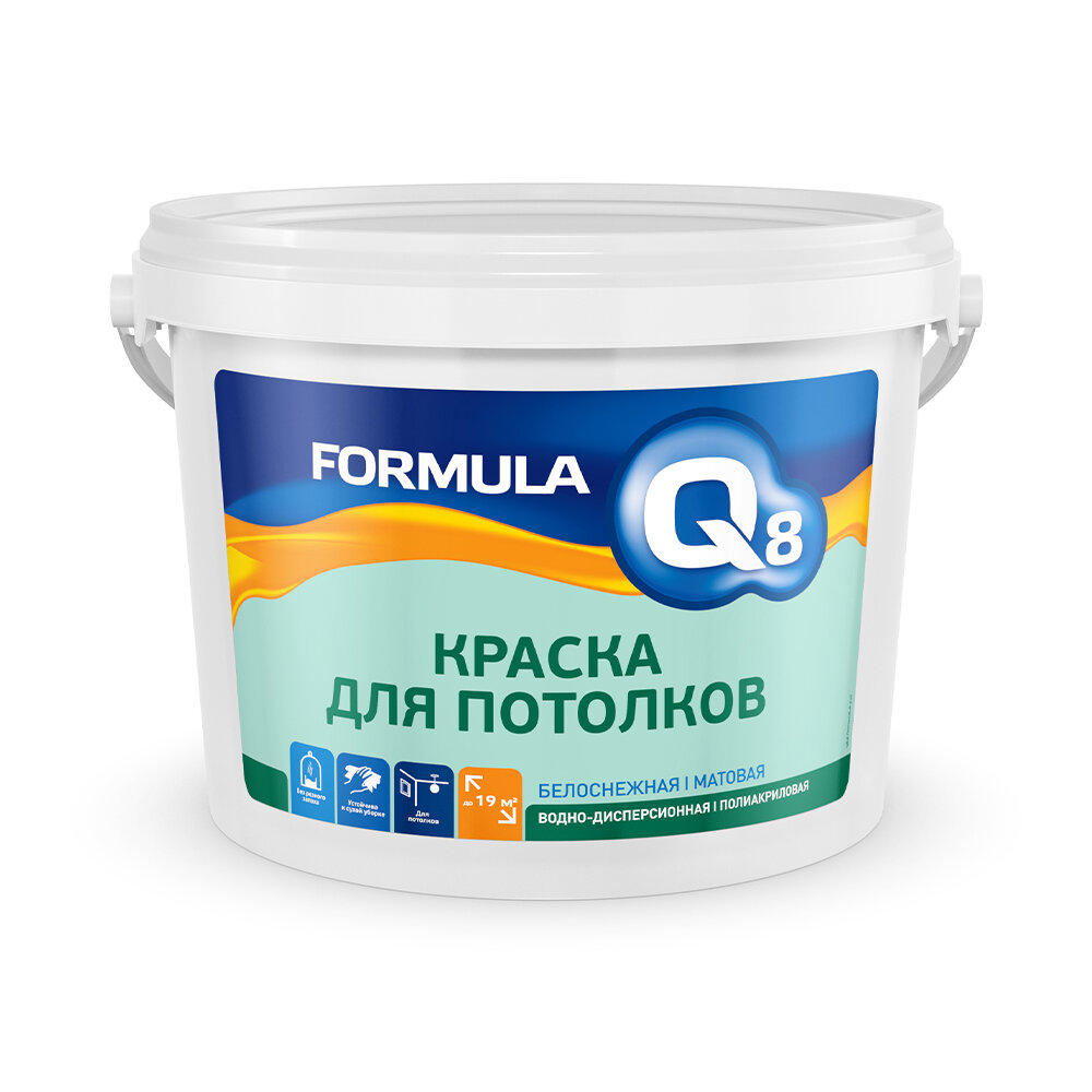 Краска для потолка водно-дисперсионная Formula Q8, акриловая, матовая, белая, 3 кг