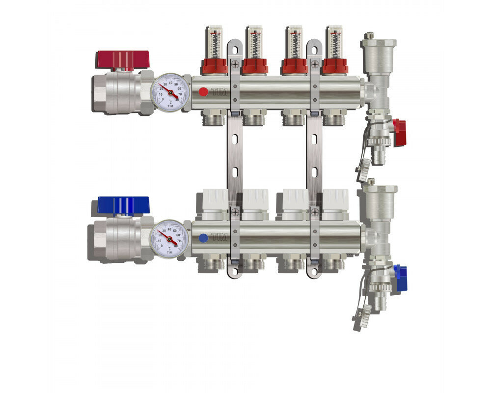 Коллектор для тёплого пола с расходомерами Tim на 4 выхода из латуни (Коллектор для тёплого пола с расходомерами)