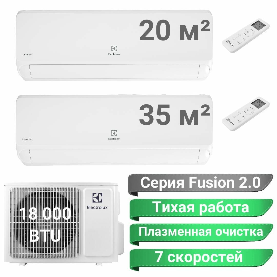 Инверторная мульти сплит-система ELECTROLUX FUSION 2.0 на 2 комнаты (20м2 + 35м2), 18 000 BTU, комплект, белый - фотография № 1