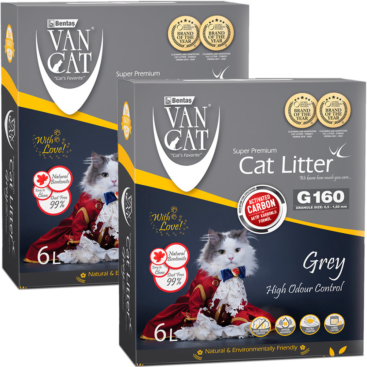 фото VAN CAT GREY наполнитель комкующийся для туалета кошек с активированным углем без пыли коробка (5,1 + 5,1 кг)