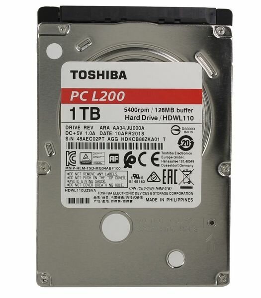 Жесткий диск 1 Тб Toshiba PC L200 (HDWL110UZSVA) 2.5", SATA-III, 5400 об/мин