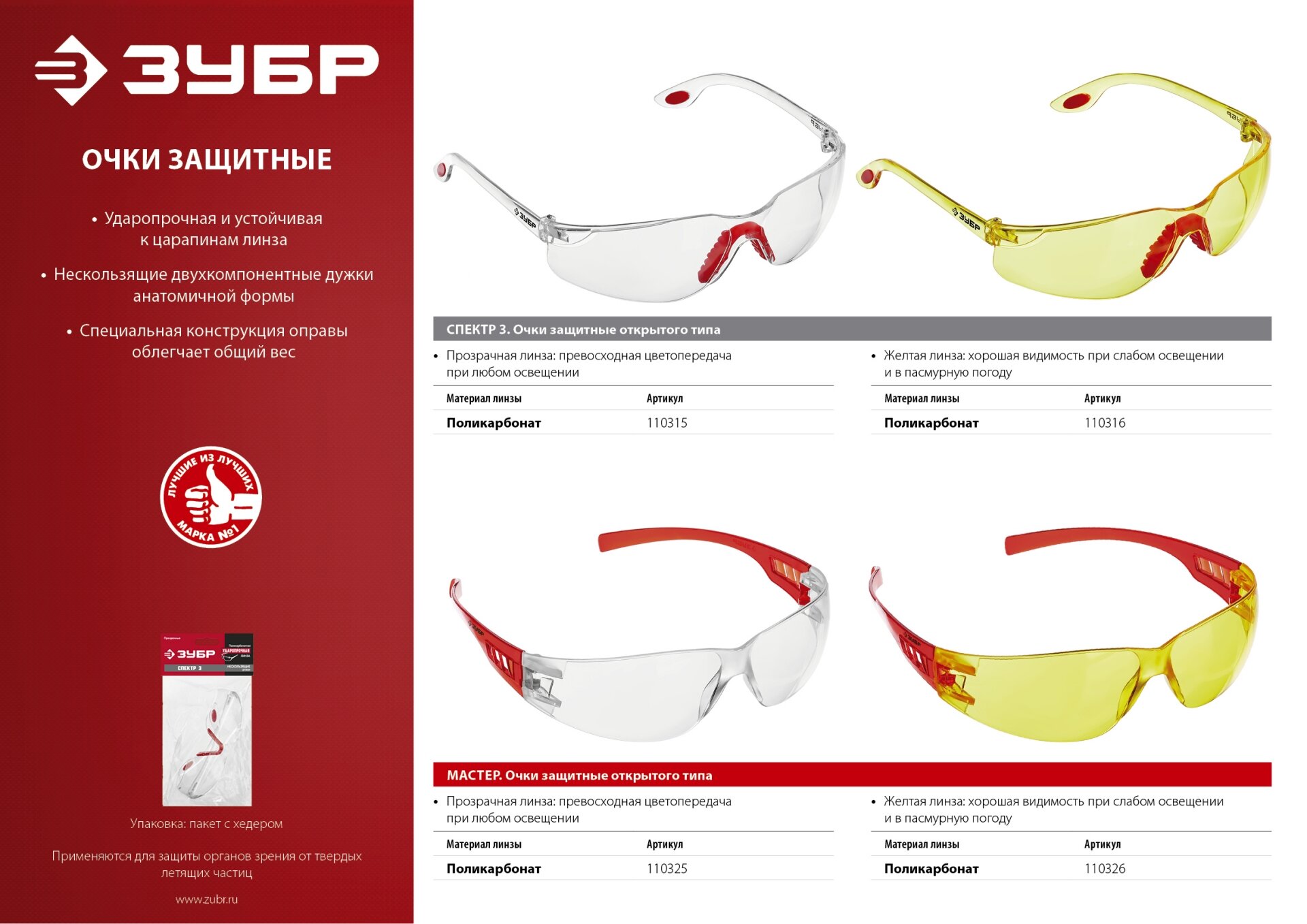 ЗУБР Спектр 3 Прозрачные очки защитные открытого типа, поликарбонатная монолинза, двухкомпонентные дужки, серия профессионал ( 110315 ) - фотография № 5