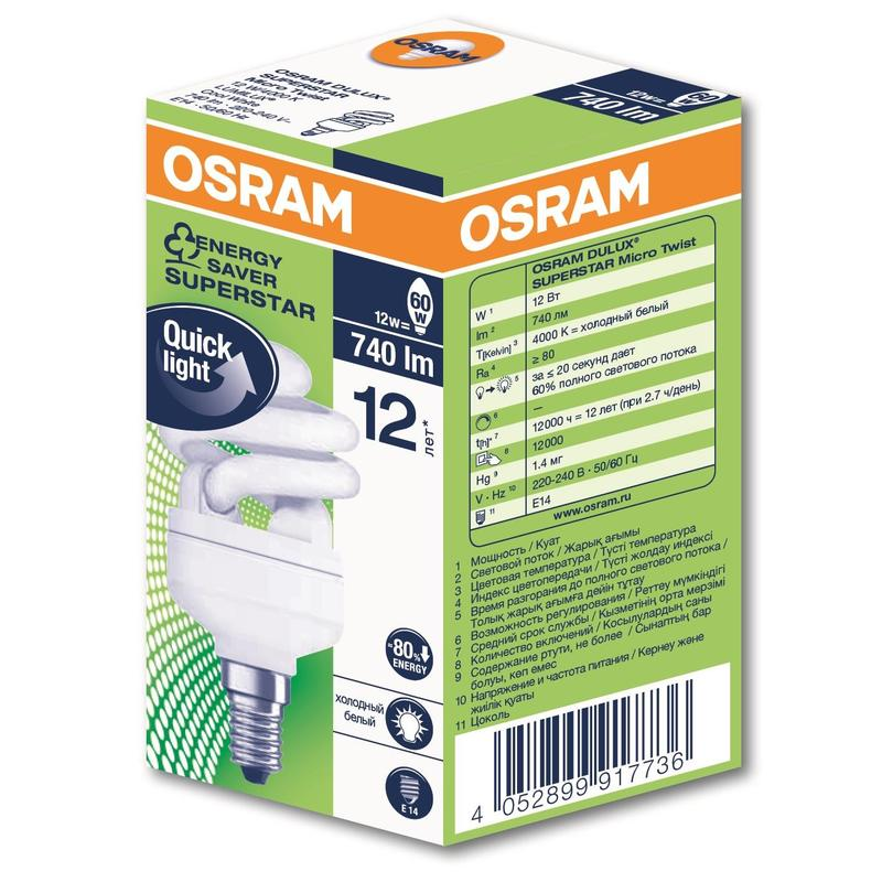 Лампа энергосберегающая Osram DSST MCTW 12W/840 220-240В E14, 1363172