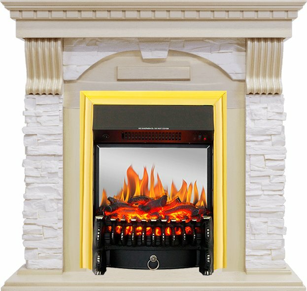 Каминокомплект Royal Flame Dublin - Слоновая кость с патиной / Сланец крем с очагом Fobos FX M Brass, Белый