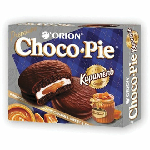 Печенье ORION "Choco Pie Dark Caramel" темный шоколад, комплект 5 шт., карамельное, 360 г (12 штук х 30 г), О0000013514 - фотография № 1