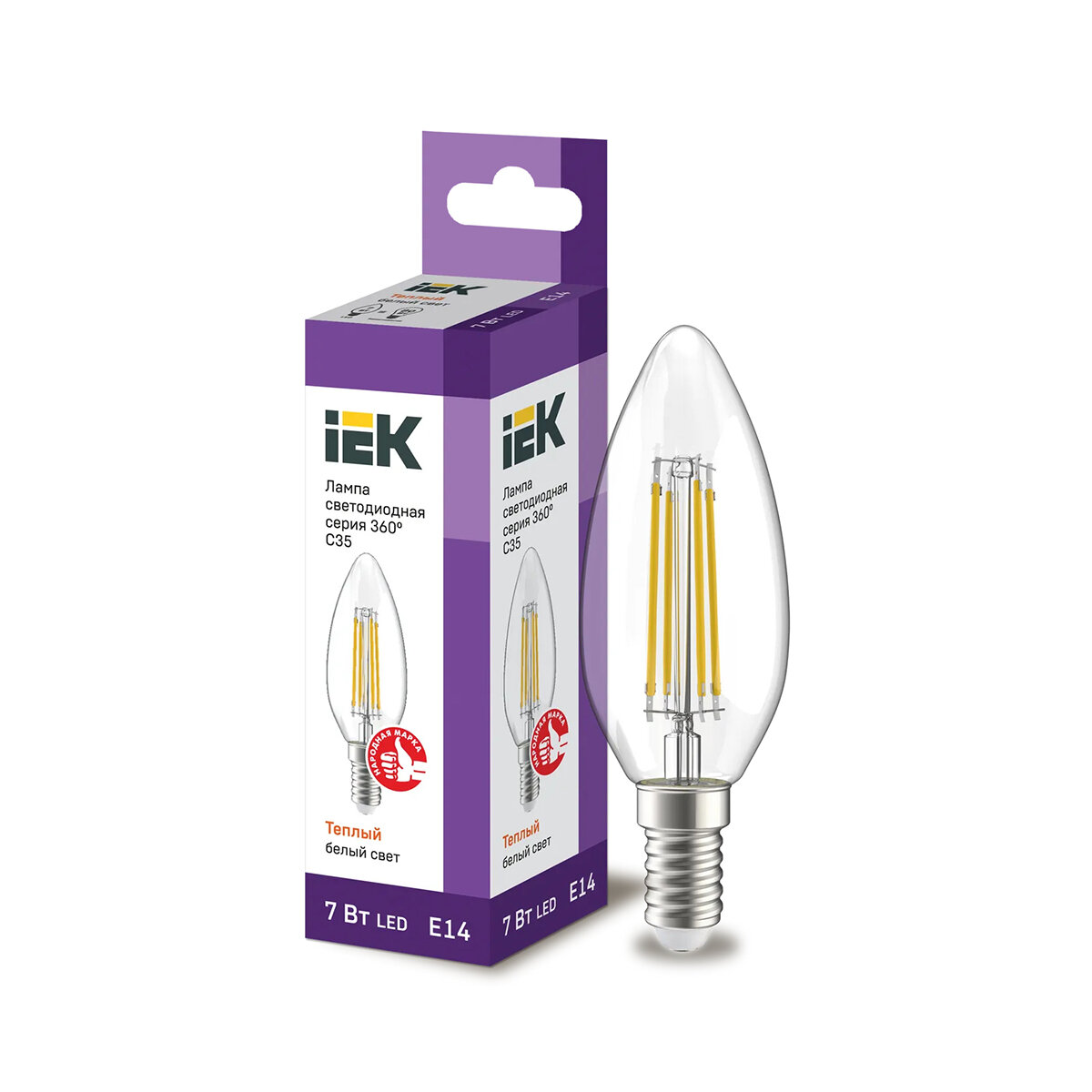 Лампа светодиодная LED IEK Свеча, серия 360°, E14, C35, 7 Вт, 3000 K, теплый свет
