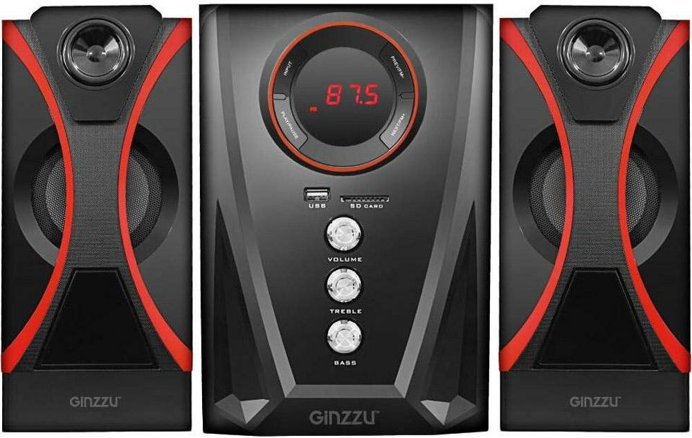 Ginzzu GM-407 2.1 с Bluetooth, выходная мощность 20Вт + 2х10Вт, аудиоплеер USB-flash, SD-card, FM-радио, пульт ДУ - 21 кнопка, стерео вход (2RCA), экв