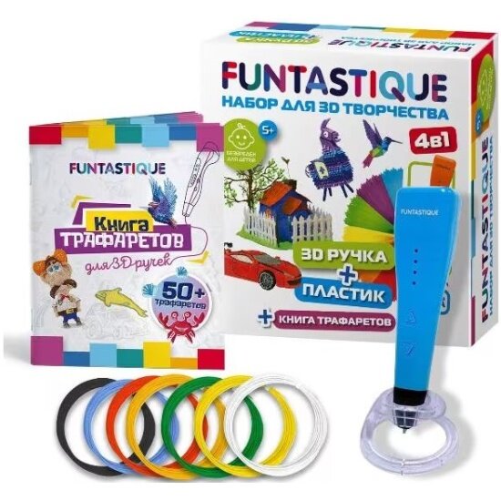 Набор для 3Д творчества Funtastique 4в1 3D-ручка CLEO (Синий)+PLA-пластик 7 цветов+Книжка с трафаретами