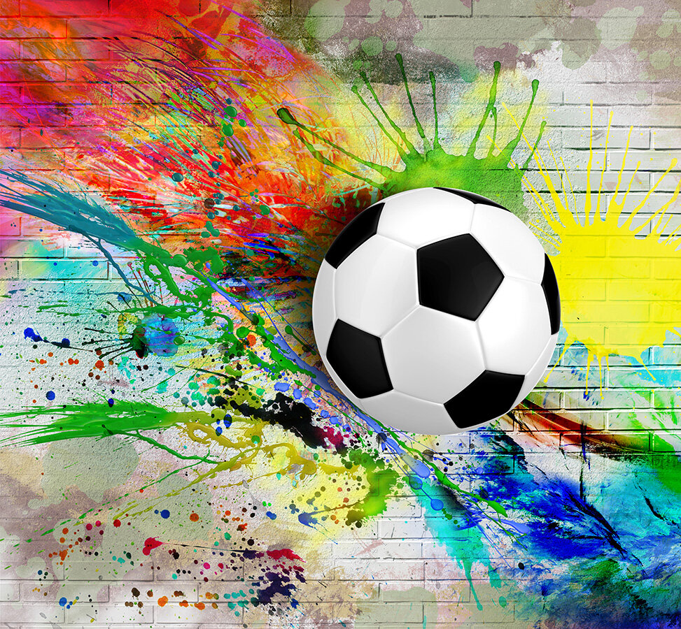 Фотообои Уютная стена "Футбольный мяч на фоне цветной кирпичной стены" 290х270 см Бесшовные Премиум (единым полотном) - фотография № 1