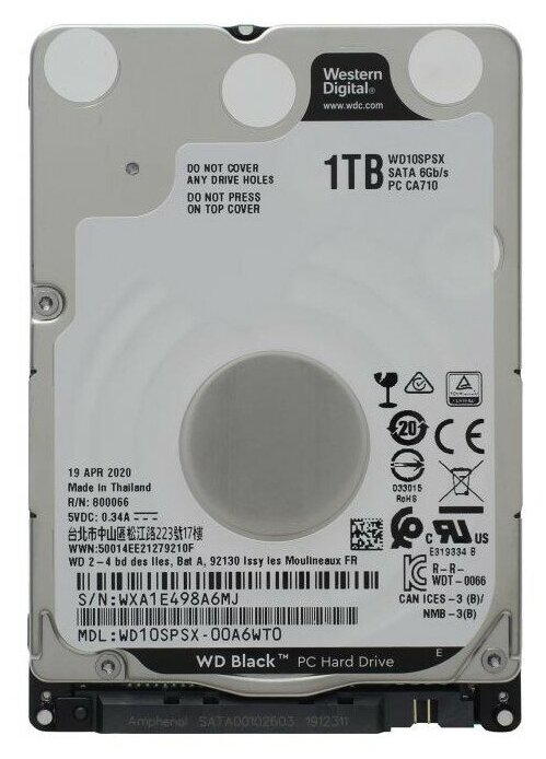 Жесткий диск WD Жесткий диск 1ТБ 2.5 Western Digital Black WD10SPSX, 7200об/мин., 64МБ (SATA III) (oem)