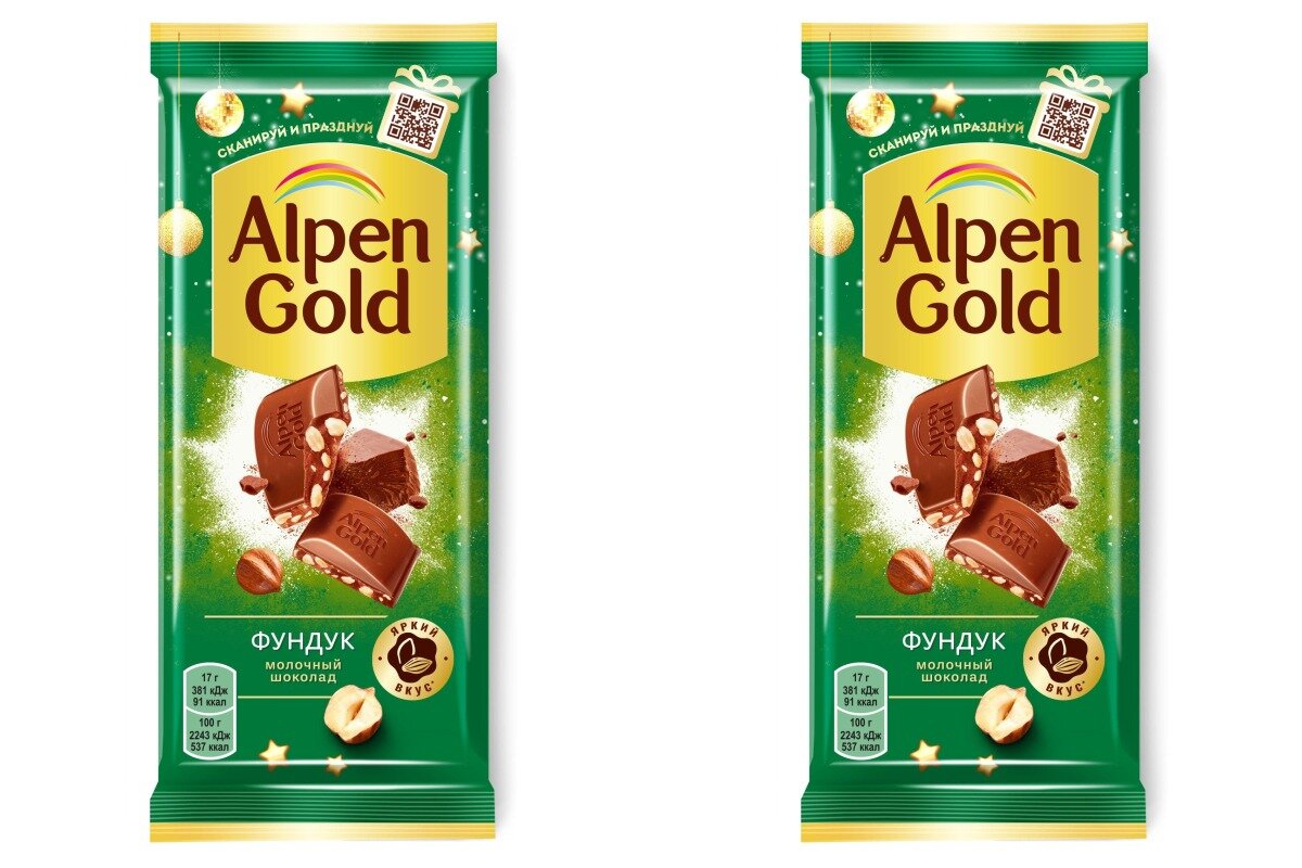 Шоколад Alpen Gold молочный с фундуком, 85 гр, 2 шт