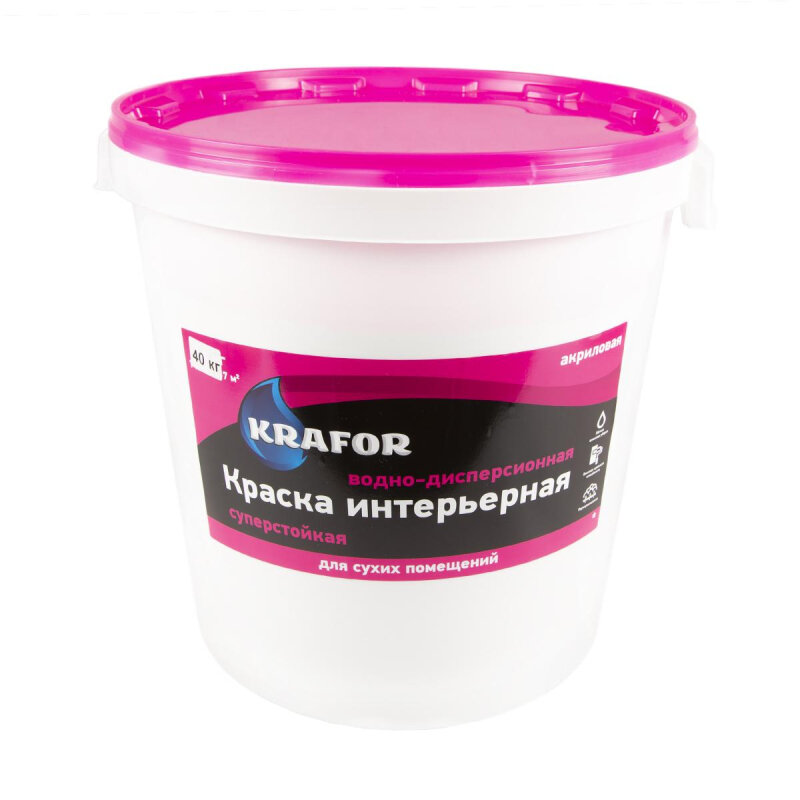 Краска водно-дисперсионная интерьерн суперстойк,Krafor,40 кг,белая - фотография № 1