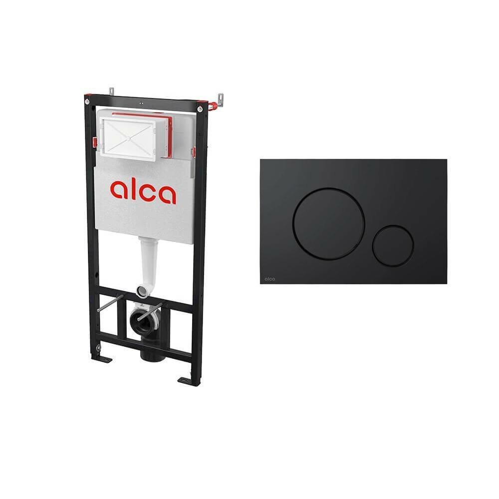 Комплект 4в1 AlcaPlast AM101/1120-4:1 RU M678-0001: система инсталляции AM101/1120 с черной матовой круглой кнопкой M678 и прокладкой M91