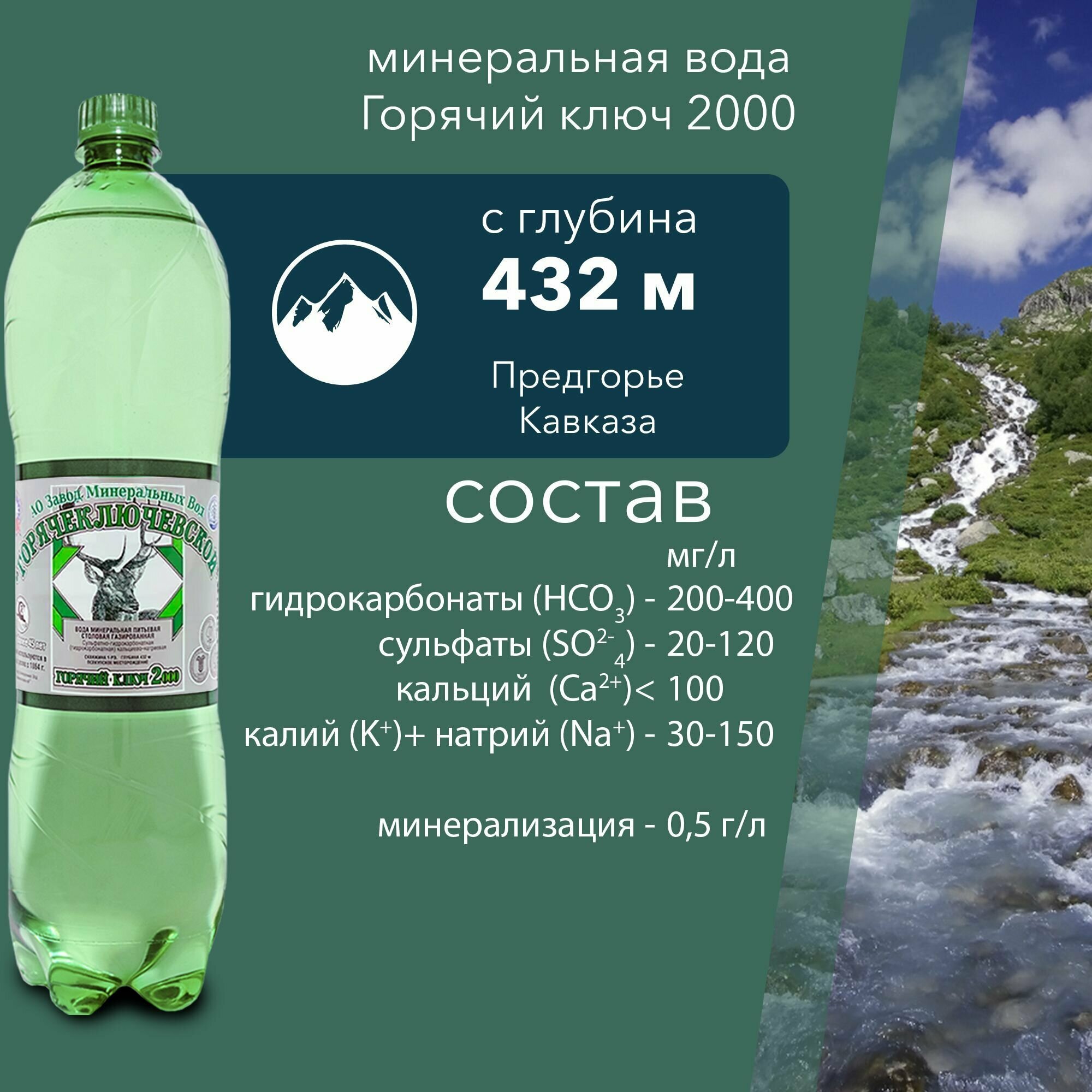 Вода Горячий Ключ 2000. Объем 1.5л*6. Вода минеральная газированная природная целебная лечебная, выводит токсины, для детей - фотография № 5