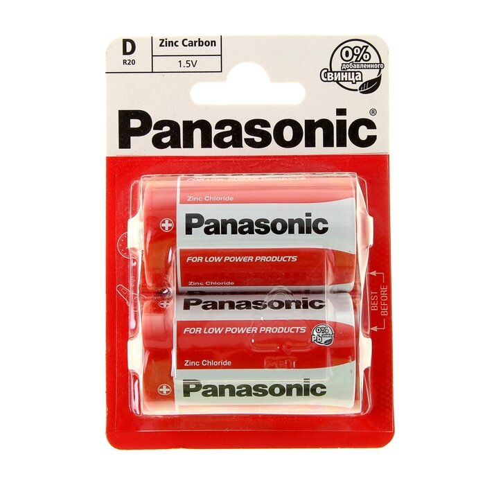 Батарейка солевая Panasonic Zinc Carbon, D, R20-2BL, 1.5В, блистер, 2 шт. - фотография № 1