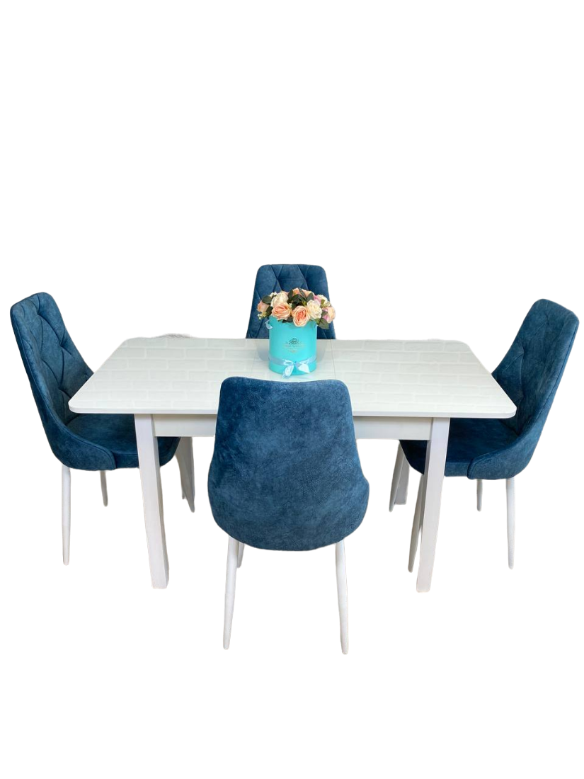 Обеденная группа стол и стулья для кухни NGVK Мега Белый стекло и 4 стула Кресло цвет Синий - фотография № 2