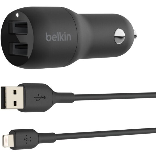 Автомобильное зарядное устройство BELKIN 2 USB-A, 24W, кабель USB-Lightning 1m, черный