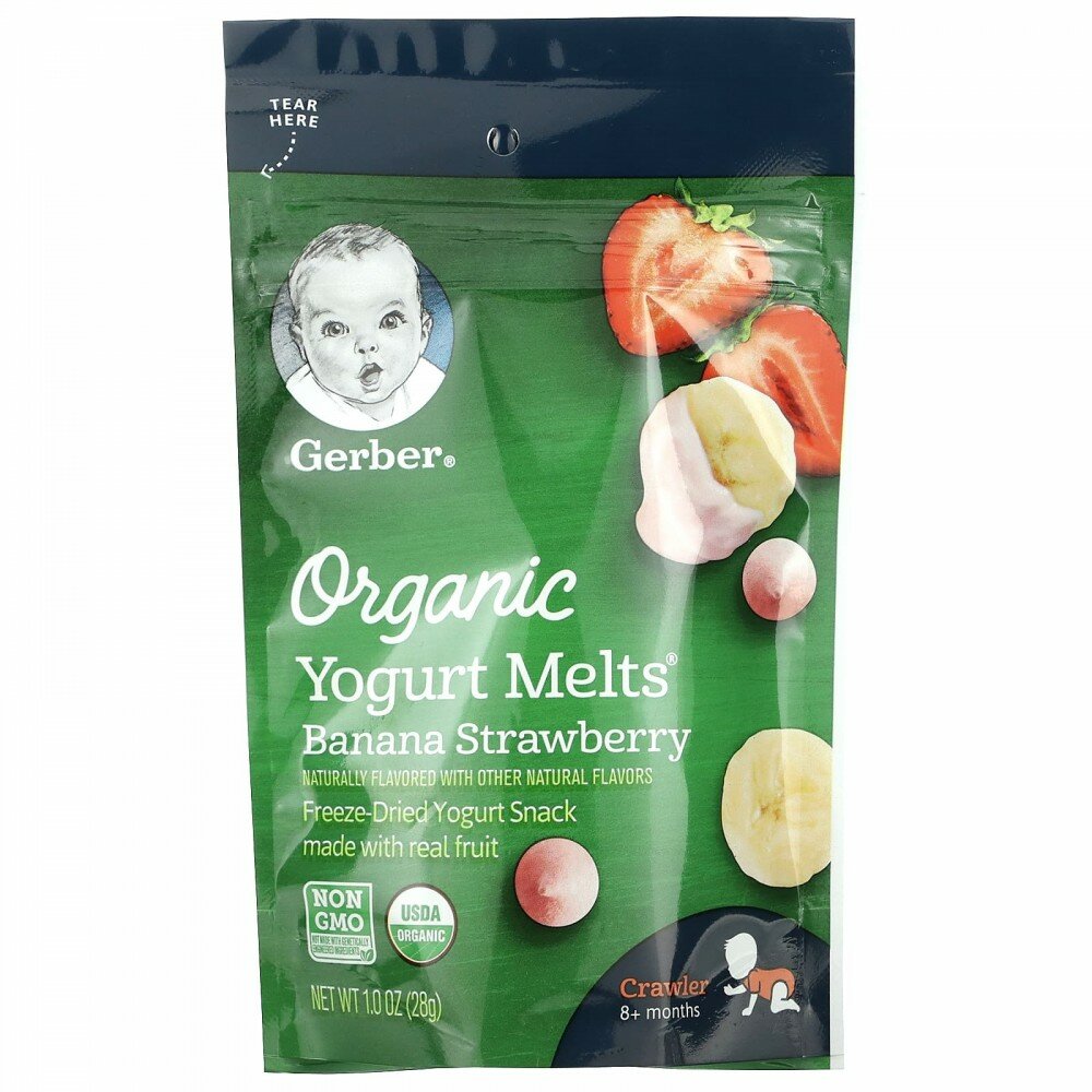 Gerber, Organic, Yogurt Melts, для малышей от 8 месяцев, с бананом и клубникой, 28 г (1,0 унция)