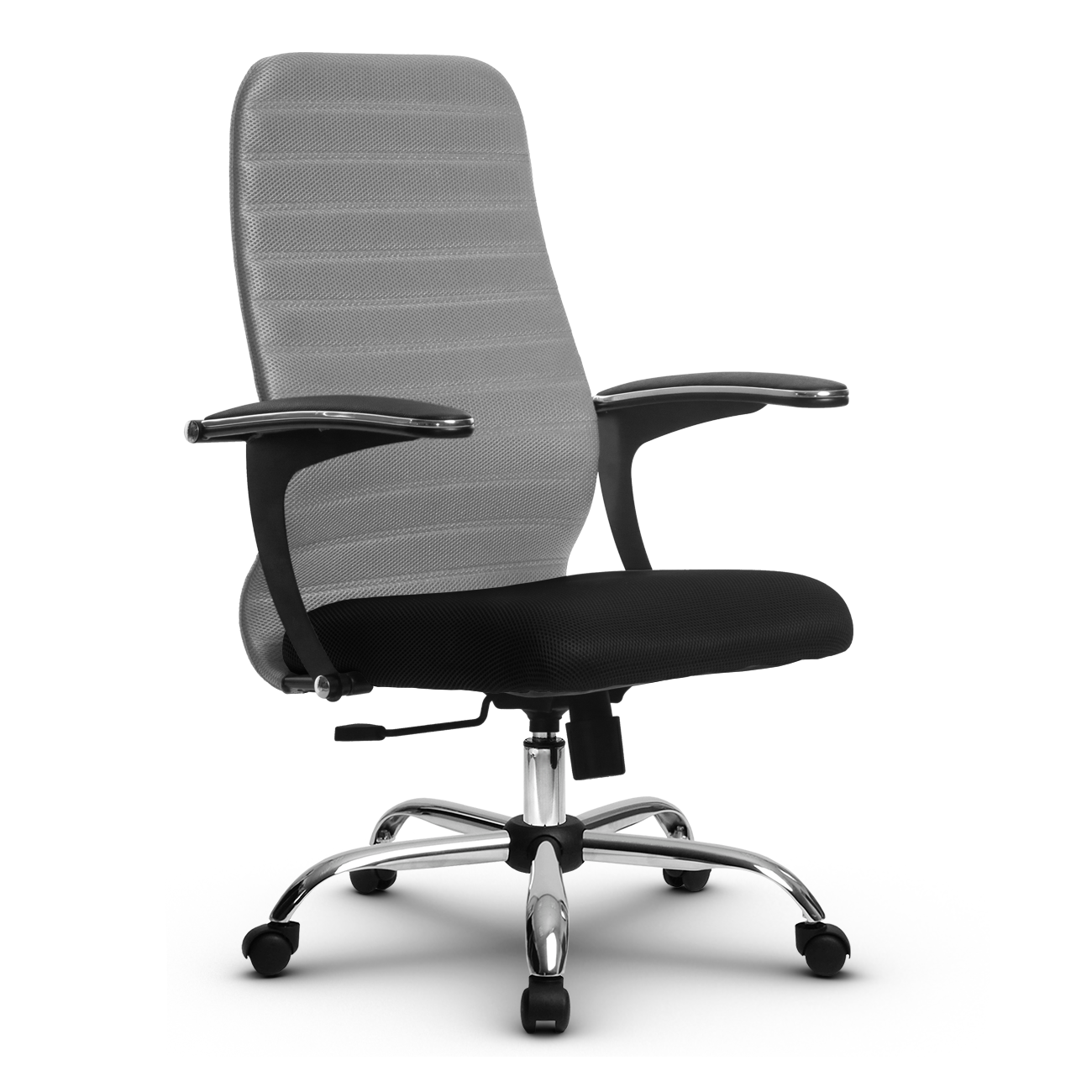 Кресло офисное метта SU-CM-10(SU-CU160-10) хроммир. пятилучие, подлокотники Бумеранг, ткань, сиденье и спинка мягкие, цвет светло-серый/черный