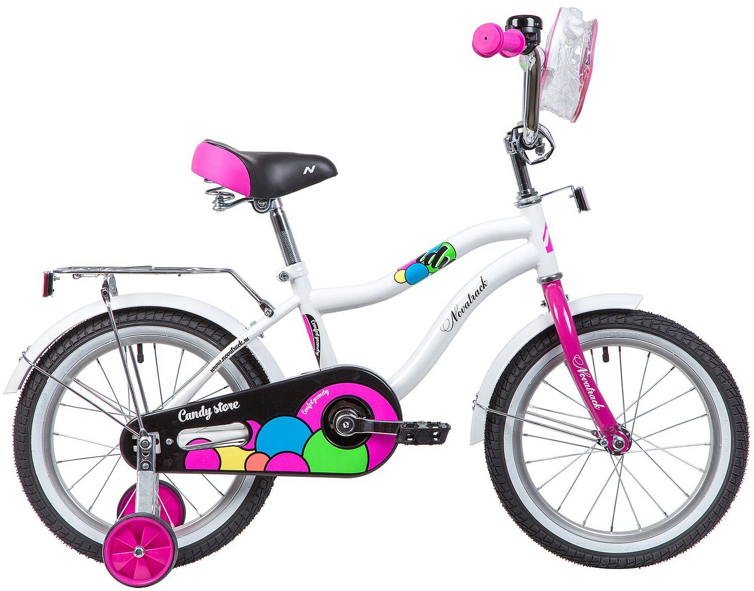 Велосипед NOVATRACK CANDY 16" (2019) (Велосипед NOVATRACK 16", CANDY, белый, полная защита цепи, тормоз нож., сумочка на руль, крылья и ба)