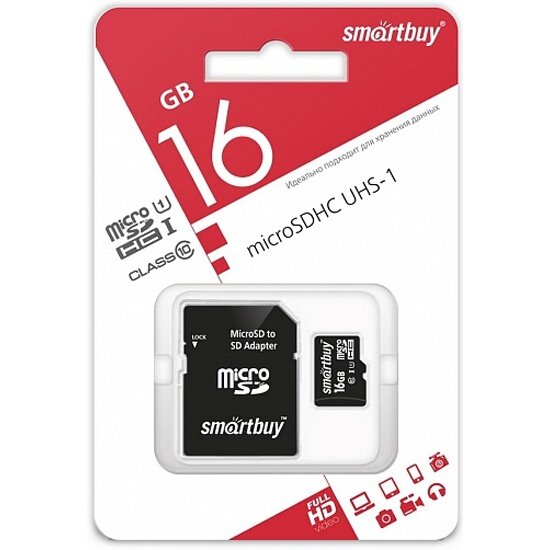 Карта памяти SMARTBUY micro SDHC 16Gb Class 10 UHS-I + ADP