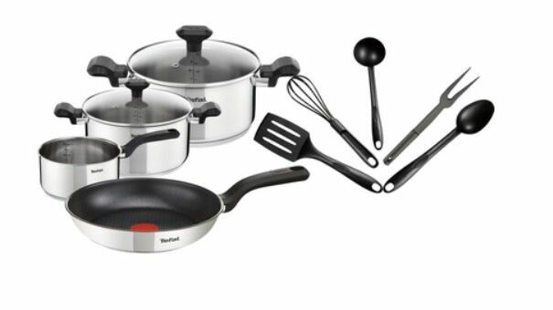 Набор посуды TEFAL COMFORT MAX из 11 предметов: ковш 16 см, кастрюли 20/24 см, сковорода 28 см, крышки, 5 аксессуаров С973SB34