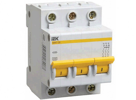Модульный автоматический выключатель ВА47-29 3 полюса, 20А, х-ка C | код. MVA20-3-020-C | IEK (10шт. в упак.)