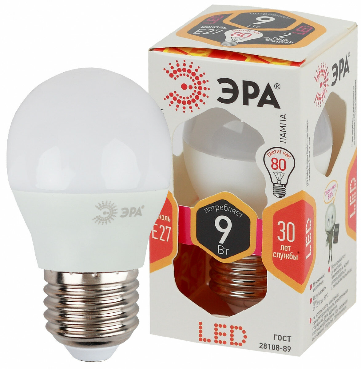 ЭРА Лампа светодиодная E27 9Вт ЭРА LED P45-9W-827-E27