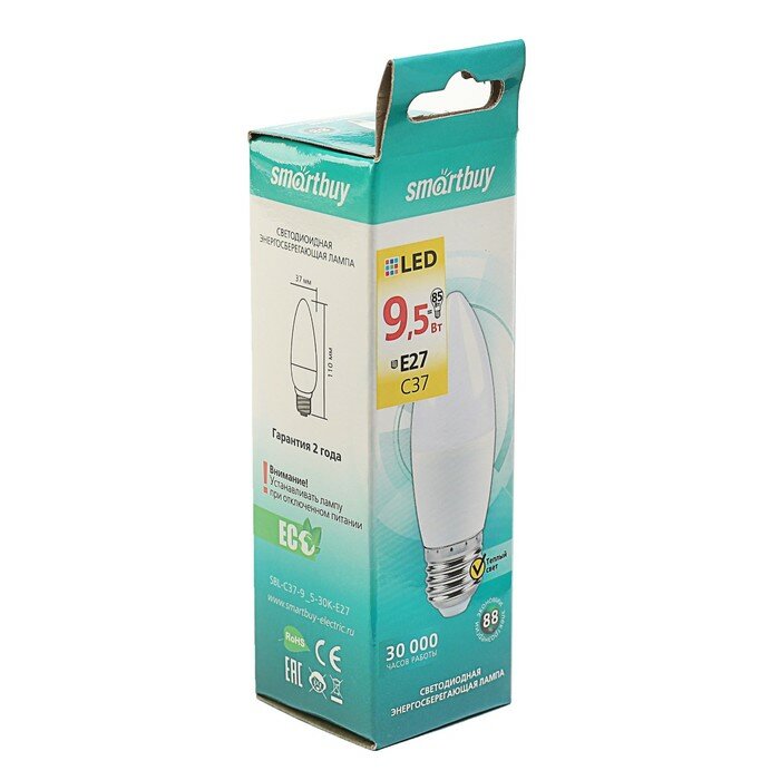 Лампа светодиодная Smartbuy, E27, C37, 9.5 Вт, 3000 К, теплый белый свет - фотография № 2
