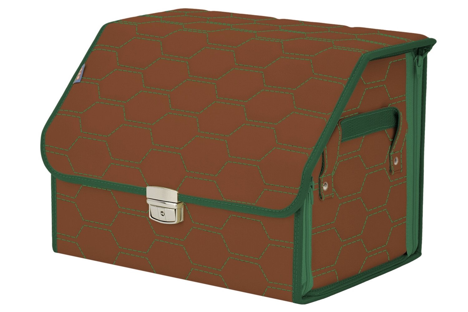 Органайзер-саквояж в багажник "Союз Премиум" (размер M). Цвет: светло-коричневый с зеленой прострочкой Соты.