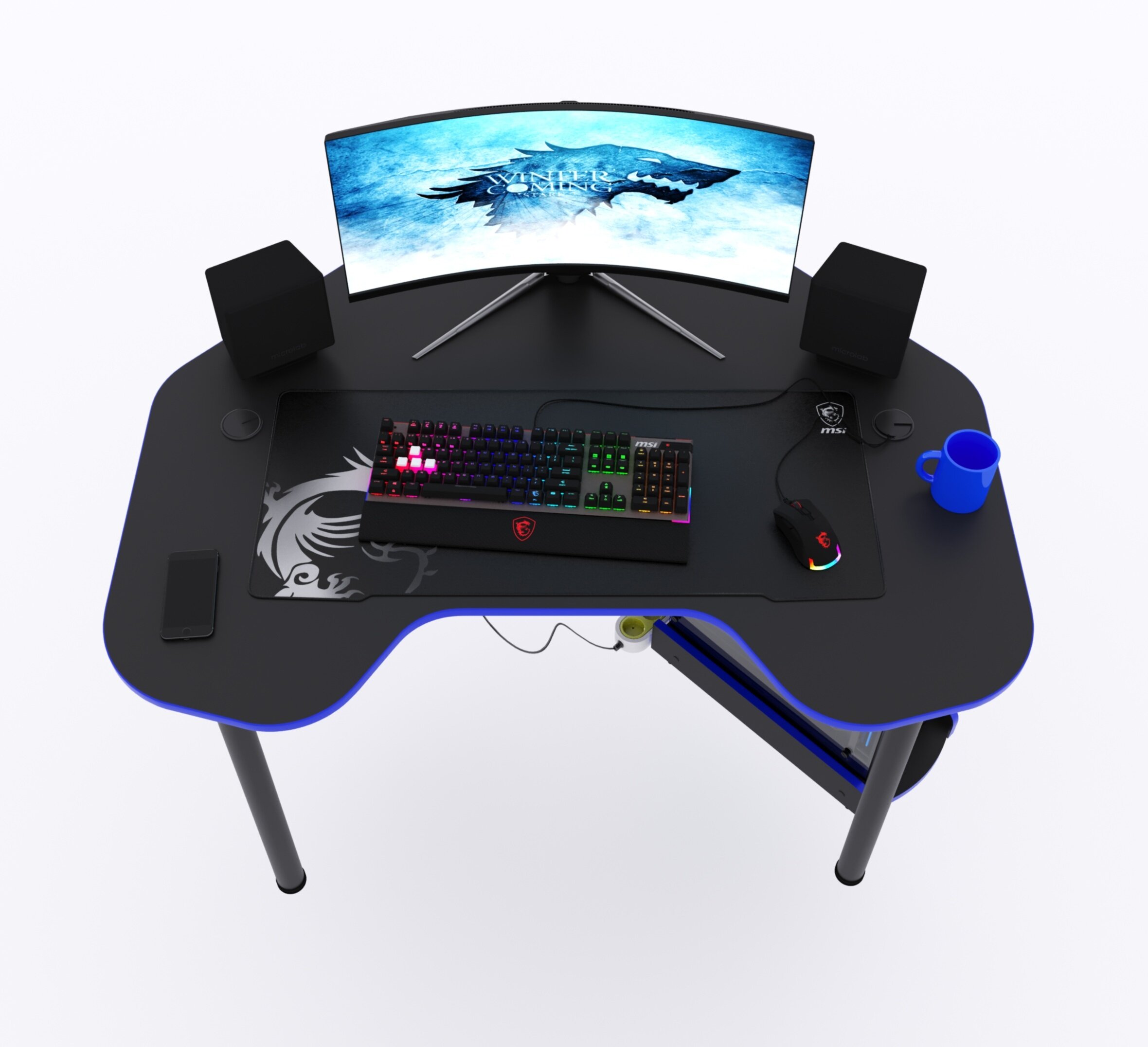 Угловой компьютерный стол "Угол" c подставкой для ПК, 120x87x75 см, чёрный с синей кромкой - фотография № 1