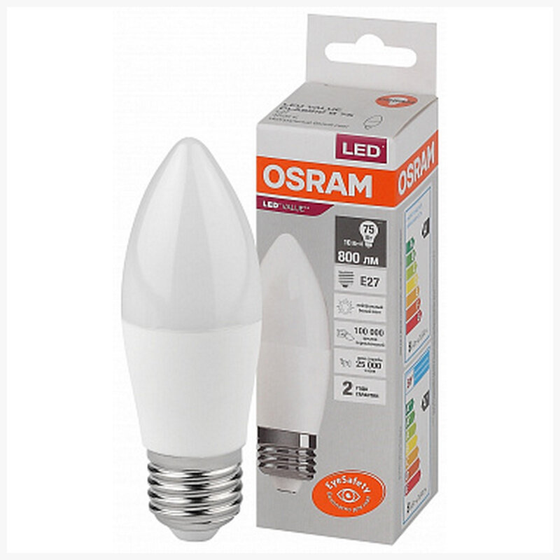 Osram/Ledvance Лампа Osram LV CL B75 10SW 840 220 240V FR E27 800lm 200* 25000h свеча LED, 4058075579569