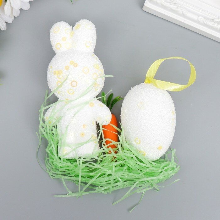 Декор пасхальный "Зайчик с яйцом и морковкой в посыпке" набор 12 см - фотография № 3