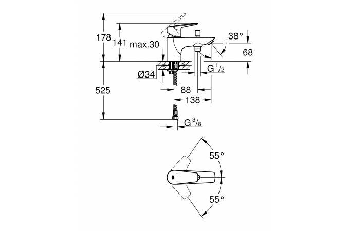 23562001 BauEdge Смеситель на бортик ванны, монтаж на 1 отверстие
