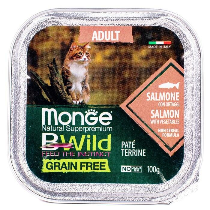 Влажный корм Monge Cat BWild GRAIN FREE для кошек, лосось/овощи, консервы, 100 г (24 шт) - фотография № 1