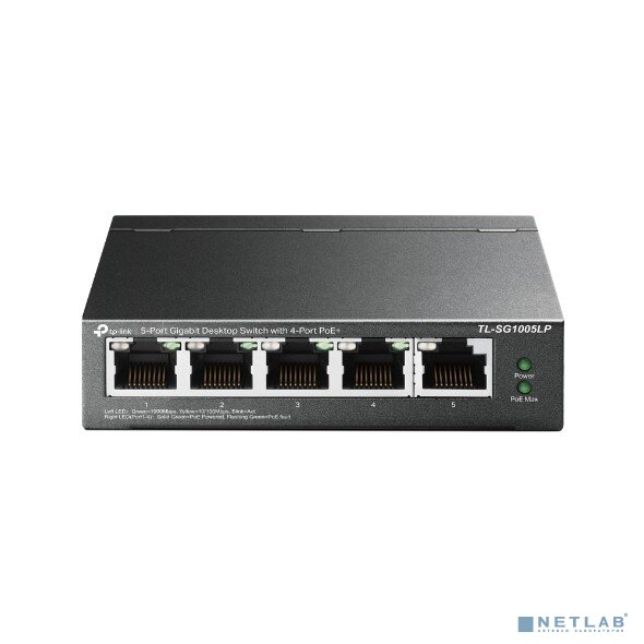 TP-Link SMB Сетевое оборудование TP-Link TL-SG1005LP 5-портовый гигабитный неуправляемый коммутатор с 4 портами PoE+, металлический корпус, настольная установка, бюджет PoE — 40 Вт.