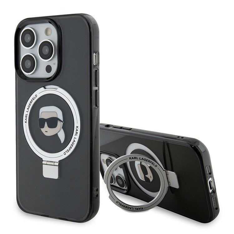 фото Karl Lagerfeld Lagerfeld для iPhone 15 Pro чехол PC/TPU + Ring stand NFT Karl Head Hard Black (MagSafe)