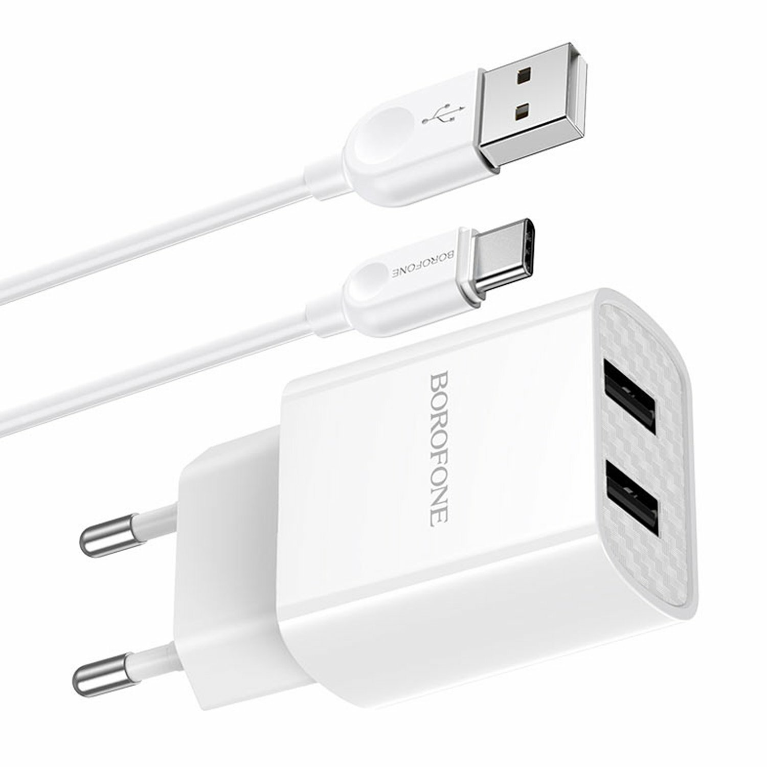 Сетевое зарядное устройство Borofone BA53A Powerway (2USB, 5V, 2.1A) + кабель Type-C (белое)