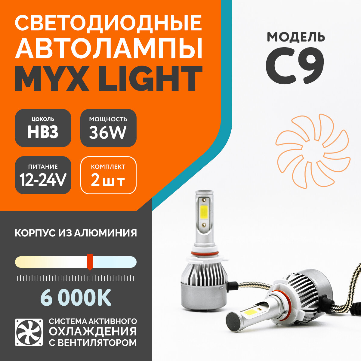 Светодиодные автомобильные лампы MYX Light C9 напряжение 12V мощность 36W LED чип COB с вентилятором температура света 6000K цоколь HB3 2 шт.