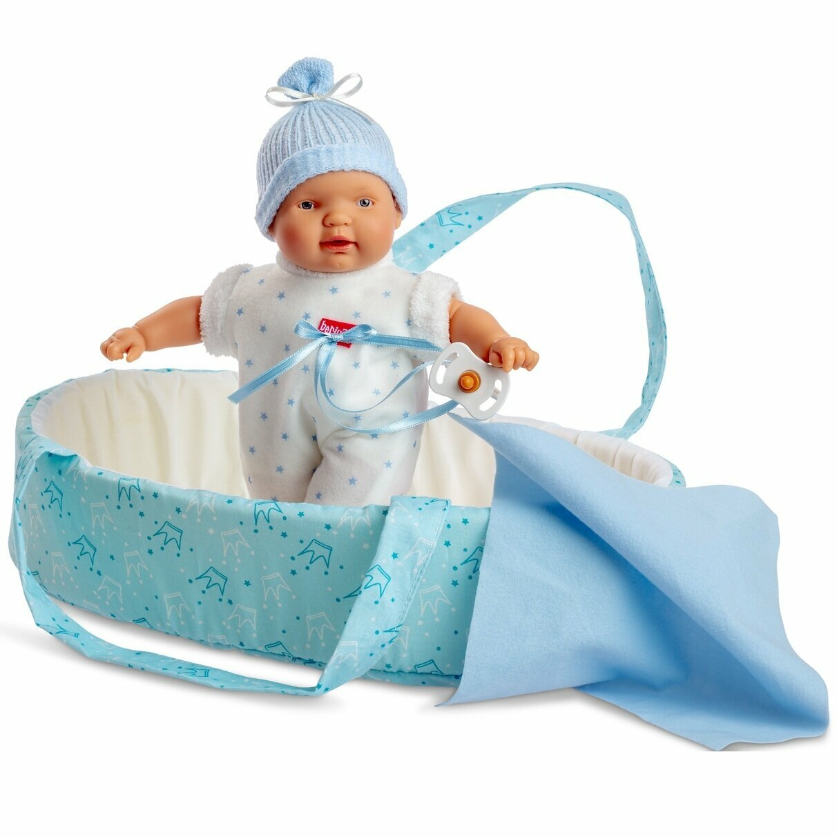 Кукла Берхуан (Бержуан) Мальчик в голубой переноске (Berjuan Lloroncete Canastilla Rosa Mecanismo Lloro Chupete)