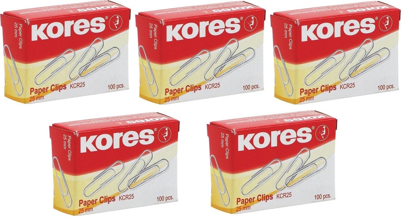 Скрепки Скрепки Kores с отгибом, 25, никелевое, овальная, 5 упаковок по 100 штук, в картонной коробке (серебристый)