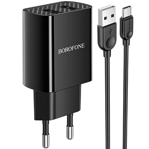 Сетевой адаптер питания Borofone BA53A Powerway Black зарядка 2.1А 2 USB-порта + кабель USB-C, черный