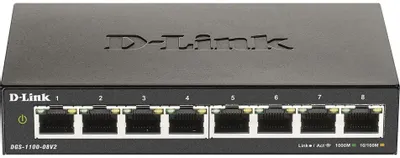 Коммутатор D-Link DGS-1100-08V2, L2 Smart Switch with 8 10/100/1000Base-T ports4K Mac address, 802.3x Flow Control,32 802.1Q VLAN, VID range 1-4094, Jumbo 9216 b