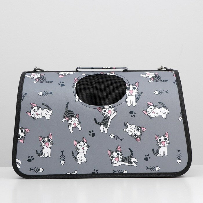 Пижон Сумка-переноска каркасная "Играющие котики", размер S, 37,5 х 17 х 22 см, серая - фотография № 2
