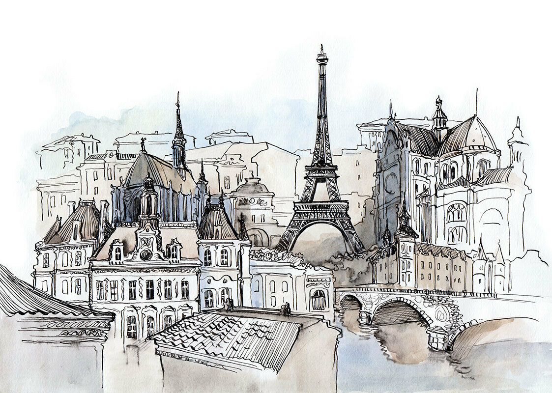 Моющиеся виниловые фотообои Париж. Эйфелева башня акварель, 211х150 см