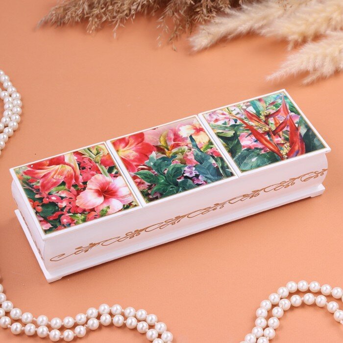 фото Шкатулка "Белая магнолия", белая, 20,6 х 10,2 х 5 см, двойная, лаковая миниатюра