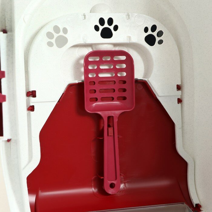Туалет-домик для кошек закрытый с дверцей 50*38*37 см, рубиново-белый - фотография № 6