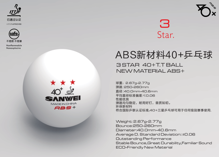 Мячи для настольного тенниса SANWEI ABS 40+ 3* белые 20 штук